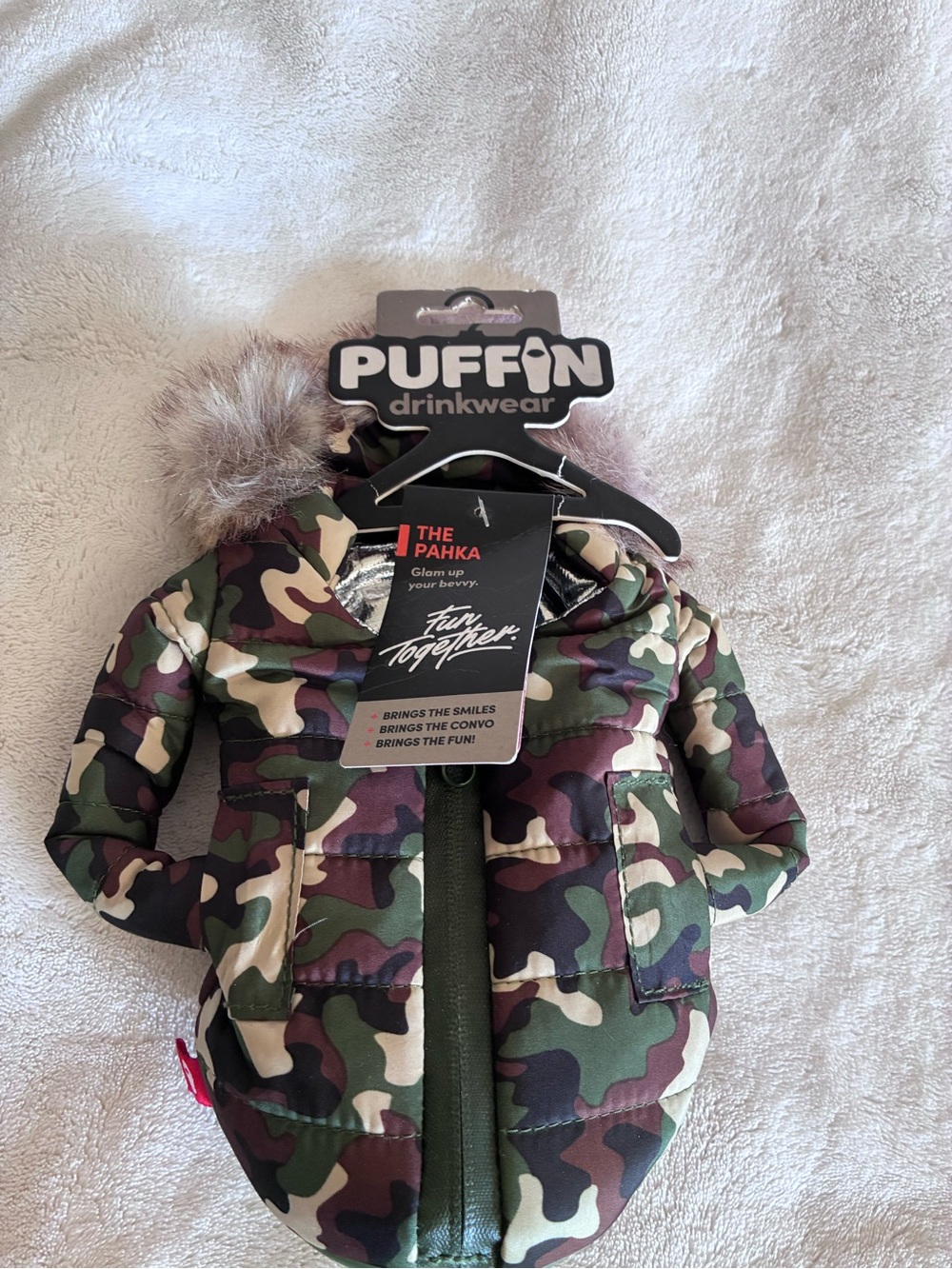 Puffin Drinkwear Camo Puffer Jacket with Faux Fur Trim